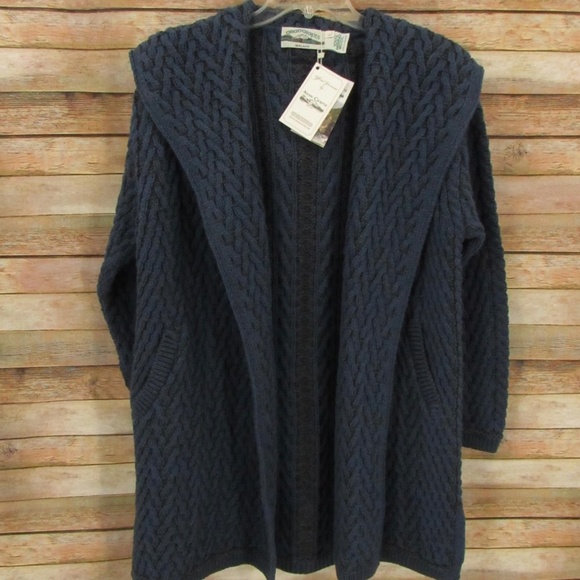 Aran Crafts Ireland 100% Merino Wool Mallard Herringbone Hooded Sweater L